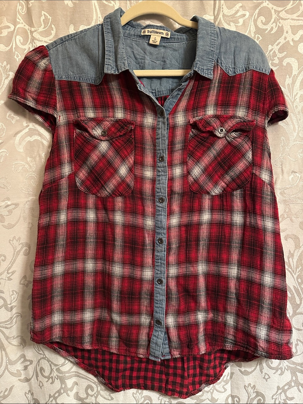 Ruff Hewn Red Plaid Button-Up Shirt with Denim Yoke